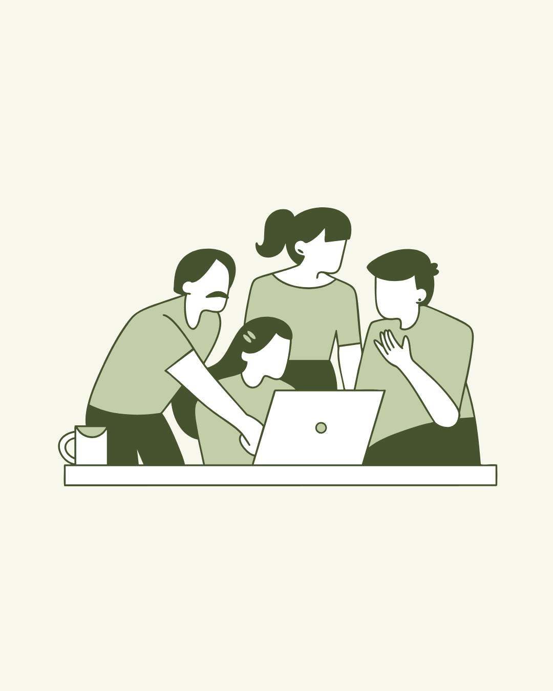 Team dat samen achter de computer staat en nadenkt over de volgende stappen.