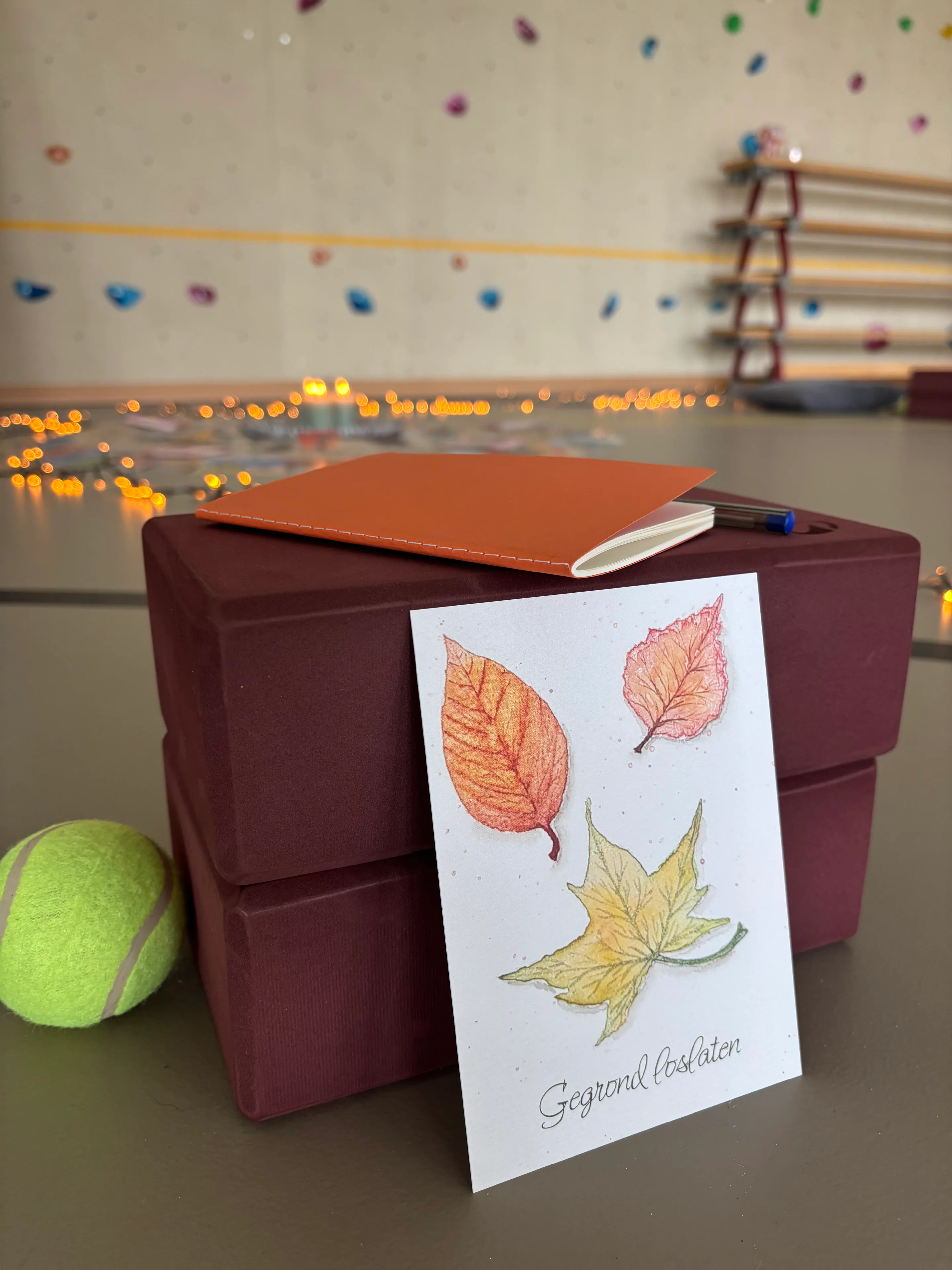 Twee yogablokken met een oranje schriftje, pen, tennisbal en een kaartje met herfstbladeren en de tekst Gegrond loslaten