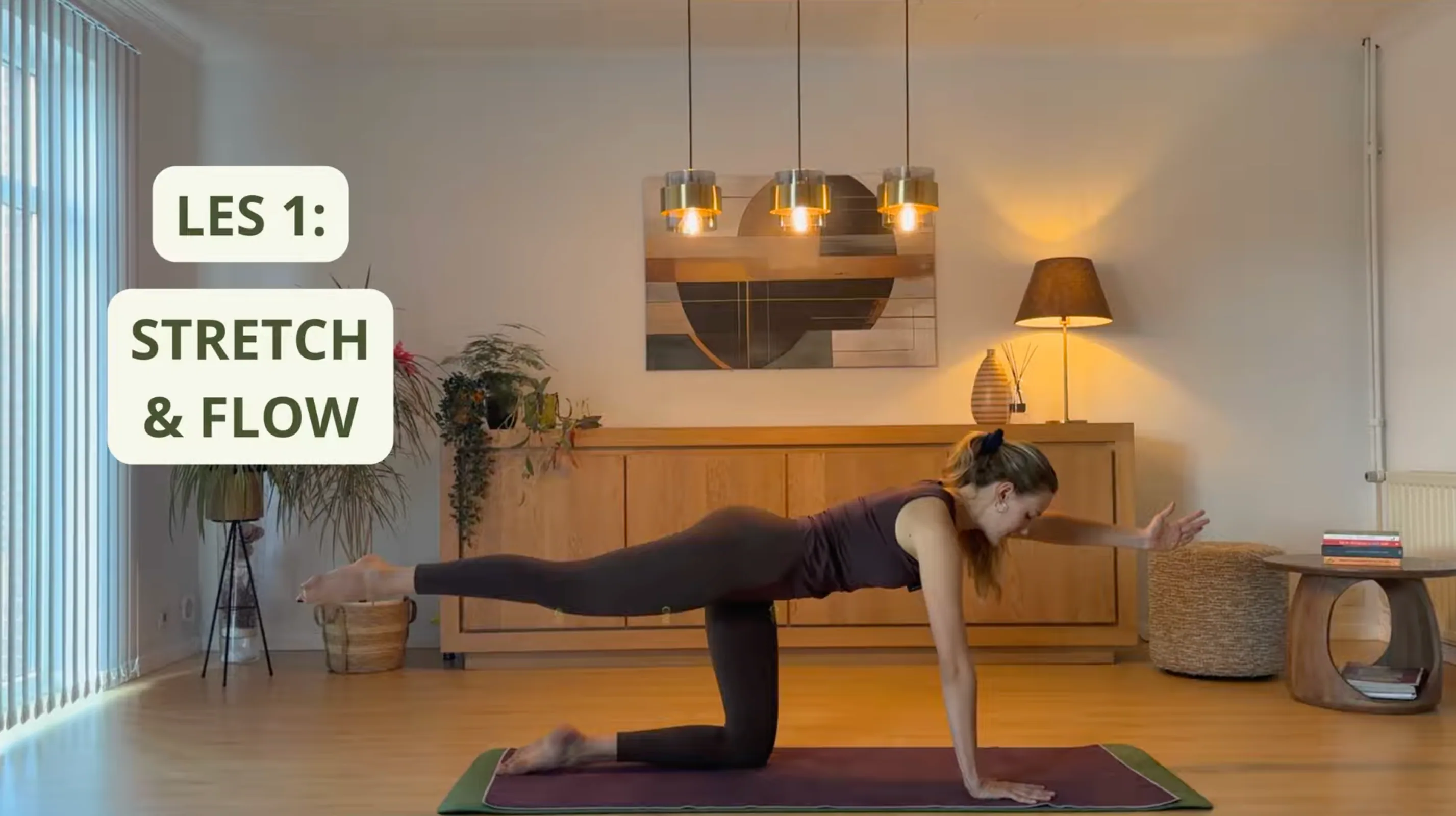 Serafine in tafelhouding met gestrekt been en arm, uit les 1: Stretch & flow